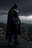 Placeholder: An ominous, highly detailed portrait of a gritty vigilante antihero standing on a rooftop overlooking a overcast cityscape at morning. He is wearing a black armored tactical suit with a utility belt, combat boots and gloves, and a menacing look in his eyes. His cape flows dramatically behind him in the wind. The city lights reflect off his face and suit. He stands in a powerful pose, ready for action. The scene is epic and cinematic, with dramatic lighting and atmosphere. photorealistic