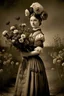 Placeholder: young woman, with popular 19th century style blouse and skirt, thin black bow under the neck of the blouse, huge bouquet of flowers on her head, full body, in a 16K wasteland, toned in sepia, estilo Bansky, profile view