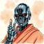 Placeholder: retro anime style, full color, dark serious 1980s anime terminator like robot, moebius artist, magic, watercolor, buddist monk robe, 4 fingers