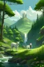 Placeholder: a white wolf and a white deer stand on top of a hill full of tall trees and look ahead to a forest valley green and full of flowers and trees with a waterfall in the distance