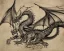 Placeholder: Dragon schematic by Leonardo Da Vinci, black paper, white ink drawing, dragon head, dragon body, notes