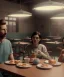 Placeholder: Realistic scene, man and woman sitting in cafeteria and having breakfast levitating, 0 gravity, Wes Anderson, soft color, highly detailed, unreal engine 5, ray tracing, RTX, lumen lighting, ultra detail, volumetric lighting, 3d, finely drawn, high definition, high resolution.