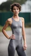 Placeholder: photography of a beautiful anorexic woman, grey satin triathlon top, brunette wavy pixie haircut, pronounced sternum, flat chest, grey satin cycling leggins