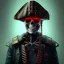 Placeholder: a cyberpunk hacker pirate captain skeleton with a pirate hat sitting in front of a huge old crt monitor in a dark room, only light coming from crt monitor, highly detailed, intricate, digital art, trending on artstation, trending on cgsociety, by greg rutkowski