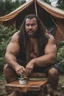 Placeholder: close up shot photography of an ugly burly hairy strong big chubby angry gipsy shirtless homeless man 33 years old, big nose, in bulging shorts, bulge, manly chest, dreadlocks, sweat, sweat, wet, relaxing sitting a chair near his small tent, in a private elegant garden of a villa, raining nighttime, big shoulders, ambient occlusion, photorealistic, frontal view from the ground, dim light from little bulbs