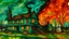 Placeholder: A close-up view of a burning american suburban house and destroyed buildings in the colors of Van Gogh's paintings