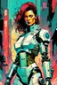 Placeholder: create a full body portrait illustration of a robotic cyberpunk samurai female cop, with highly detailed and deeply cut facial features, in a chaotic, turbulent, otherworldly city in the comic art style of BILL SIENKIEWICZ and JEAN GIRAUD MOEBIUS, searing lines and forceful strokes, precisely drawn, inked, and darkly colored