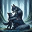 Placeholder: fantasy anime art from an gray bodyhair wolf female anthropomorphic wolf female hibrid kneeling hugs her two anthropomorphic wolf-kid hibrid child on field, in background tall trees wirh big trunks, rain, down on blue-green moss, hug each other , rainy day, high contrast, high detalied, atmospheric, fantasy, sci-fi mood