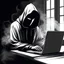 Placeholder: an anonymous writer clad in hooded garb, sitting in dark room at laptop (with his back to viewpoint:1.8), typing, laptop screen visible, hidden in gloom and dark and smoke, clandestine vibe, award-winning photo