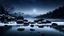 Placeholder: A serene night winter scene . Rocks delicately balanced atop each other in the water form a minimalist, tranquil composition. This image exudes a powerful zen atmosphere, with its soft and natural background. It encapsulates the essence of environmental art and invites meditation in a zen garden or temple,dramatic scene