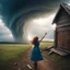 Placeholder: Pov: the open door to the sky a girl laugh and stretches out her hand, a tornado carries the wreckage of a scary cabin. the effects of dust and strong winds flow dramatically. scene funny.