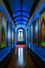 Placeholder: A museum for displaying paintings, whose side walls are oval and made of blue glass, with a corridor at the end on the left side