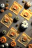 Placeholder: Cooking photo of Raviolis with truffle and pumpkin, olive oil, moisture, art, natural, ornaments, ceramic, marble, high kitchen, smooth, god rays, unreal engine 5, ray tracing, RTX, lumen lighting, ultra detail, volumetric lighting, 3d.