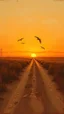 Placeholder: dusty dirt path with sunset in the prairies, old western, painting based on grainy photo, horizon at 1/3 from bottom, orange brown tones