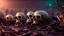 Placeholder: a picture of a dark, comedic, anatomically correct wall of colorful tightly packed stacked cyborg skulls of varying sizes and expressions, photo realistic, insanely meticulous, highly detailed, part of a collection of bones on display, 64k, dystopian, vray