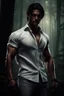 Placeholder: Ultra realistic photograph of muscular male in white button up shirt, dark hair cut short and stubble on chin, dark fantasy forest