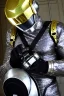 Placeholder: Metallic Cyber-punk man with camera-mask and old AKG-style headphones with golden rings. Fencing mask covers man's cheeks. Good body shape. Body and head full of integrated old-fashioned cameras. Ancient silver telephone attached to perfect body, trunk. Euclidean 5th dimensional tiling background, Escher tiling. Daft Punk, Tron Movie motorbike. Matrix movie, black leather jacket, tippet. Black latex areas in black leather surfaces body. 1990's pimper. Ancient AKG-trypophobic microphone as mouth