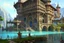 Placeholder: medieval buildings with balconies overhanging lake edge with blue sky and people, photorealism, fantastical, intricate detail, splash screen, concept art