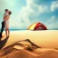 Placeholder: 2 lovers last kiss in sand island with tent and river background