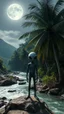 Placeholder: Close-up photo from the front straight. A space aliens standing beside a winding rocky river below and two large coconut trees on the left and right zoom distance from the front. Even the gothic day the moonlight shines. Bright lighting.