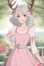 Placeholder: Eldely woman in late sixty's with gray hair and antlers, wearing pink dress, smiling, garden background, RWBY animation style