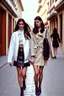 Placeholder: mujeres caminando por una céntrica calle de una ciudad española, visten ropa de segunda mano, cazadoras y minifaldas, es la moda y es tendencia, fotografía real, de cara a la cámara