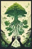 Placeholder: Huge hands holding saplings, The giant is planting a big green tree, first contact concept art, silkscreened mind-bending illustration; sci-fi poster art, asymmetric, futurism