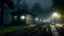 Placeholder: old station in big forest orror fog at nigth time