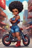 Placeholder: whimsical illustration of the chibi cartoon character, a voluptuous black female in a blue jean outfit with biker boots. Her prominent makeup and hazel eyes, along with her detailed red bantu knots, are featured in this image, set against the background of a lively bike show.