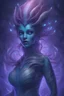 Placeholder: bioluminescent purple curvy humanoid alien mermaid with large head fins and large divine glowing luminess eyes