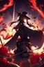 Placeholder: 1girl, the soul of fire, magnificent and endless trial, brown hair, black bow hat, two long ponytails back, red eyes, black nails, black shorts, wide black sleeves, rings on fingers, spear in hand, gloominess, darkness, broken, red flowers and butterflies, night landscape, graveyard