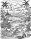 Placeholder: coloring pages for kids, Pacific island shaped Japanese ink painting, muted colors, including Dark black highlights to draw attention , rice paper texture, splashed paint, tropical beach, paradise, sea turtles, yellow sun, a Polynesian warrior , Art drawing ; ink , super detailed, text a the bottom “Tonga”, anime cartoon style, thick lines, low detail, black and white, no shading, --ar 85:110