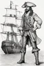 Placeholder: ,make a hero strong human, very realistic, fine line drawn. Make it wearing a pirate dress standing by the ship stern