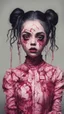 Placeholder: full color, illustration of a darkred and pink tones, menacing, Singer Melanie Martinez face, as a decayed, broken, skin turned translucent, black veins that extended like roots beneath her skin, latex suit, crude homemade cloth doll toy, with a narrow cracked porcelain face, thick dark eyebrows, hair in two gradually, made from ragged strips of cloth, in the style of Alex Pardee, Tim Burton, and Nadya Sheremet