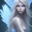 Placeholder:  beautiful, soft, big smiling face, blue and brilliant atmosphere, long straight blond hair, big fairies transparent wings in the back