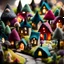 Placeholder: Close-up photograph of a village made of felt, people, houses, rock formations, animals, fungi, crystals, mineral concretions, extreme detail, intricate, volumetric light, colours, Tim Burton, Harry Potter, sparkles, bokeh