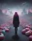 Placeholder: empty foreground, the background is a Candyland City, constructed from surreal-looking donuts, cakes, and crumbs, DOF, digital illustration with color pops of pinks and reds and blues , bubblegum horror, Unreal Engine 5,trending on Artstation