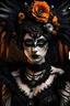 Placeholder: Beautiful young faced goth vantablack art nouveau paliwoman portrait, adorned with black Crow feathered headdress ribbed with black onix ad obsidian, white pearl colour and orange opal gradient, black and orange colour gradient roses headress and art nouveau gothica feathered textured leather dress ribbed with orange opal and obsidian stone wearing half face black feathered masque organic bio spinal ribbed detail of under the moonlight extremely detailed hyperrealistic maximálist conceeptportrai