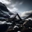 Placeholder: Hut out of dark wood, glass and rocks with special, unique architecture. On a snowy, landscape, mountains in the distance.