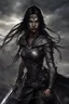 Placeholder: SA female elf with skin the color of storm clouds, deep grey, stands ready for battle. Her long black hair flows behind her like a shadow, while her eyes gleam with a fierce silver light. Despite the grim set of her mouth, there's a undeniable beauty in her fierce countenance. She's been in a fight, evidenced by the ragged state of her leather armor and the red cape that's seen better days, edges frayed and torn. In her hands, she grips two daggers, add dark shadow mystic purple flames