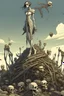 Placeholder: a bone yard with a tall android woman standing at the top of a pile of bones