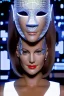 Placeholder: Technological singularity. Machine, fake smile, staring camera-eyes. 3D-tiling in adaptive background, lighted tower full of heads. Lightly armored, haughty. Cyber-punk full-mask. Lay figure woman with plastic milky skin. Repugnant behavior towards a human. tippets. Haute Couture 1996. Light right. Colors are silver, black, Cyan. Huge headphones. golden rings. Thick tights, Thick calves, Curved fell, Wide hip. Secretly change her head to another, which reveals face of