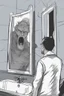 Placeholder: a man looking into a shattered bathroom mirror and seeing a horrifying, abstract deranged monster in his reflection