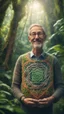 Placeholder: portrait of a happy blissed professor woven into a sacred geometry knitted tapestry tower in the middle of lush magic jungle forest, bokeh like f/0.8, tilt-shift lens 8k, high detail, smooth render, down-light, unreal engine, prize winning