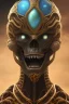 Placeholder: black African alien, cracks in the head, wicked, Asian eyes, crown, blood, 8k, finely detailed, photo realistic, Boris Vallejo style turquoise skull head gold dragon space alien rain skeleton silver helmet silver space suit spaceships