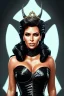 Placeholder: painting of kim kardashian as evil queen in black leather, feminie, angry, stern look on her face, volouptous, busty, cleavage, emperious, mature, highly detailed, digital painting, artstation, concept art, smooth, sharp focus, illustration, art by gaston bussiere and alphonse mucha