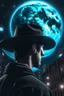 Placeholder: A small moon above a person's head wearing a hat with a cyberpunk background