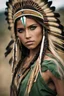 Placeholder: Beautiful girl with rainbow eyes, warrior, Native American, green and gold eyes, strong, sad, resilient, full body tough stance, photo-real