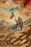 Placeholder: Moses stands on a mountain and holds a wooden staff, at his feet are fragments of stone tablets on which the 10 commandments were written, and below is a valley with the cities of Palestine of sands, tents and mountains. There is a silhouette of God in the sky. Everything is painted in watercolor