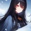 Placeholder: Clear focus,High resolution, black long fluffy hair, long fluffy bangs, red eyes, wearing a snow outfit, extreme close up, evil smile